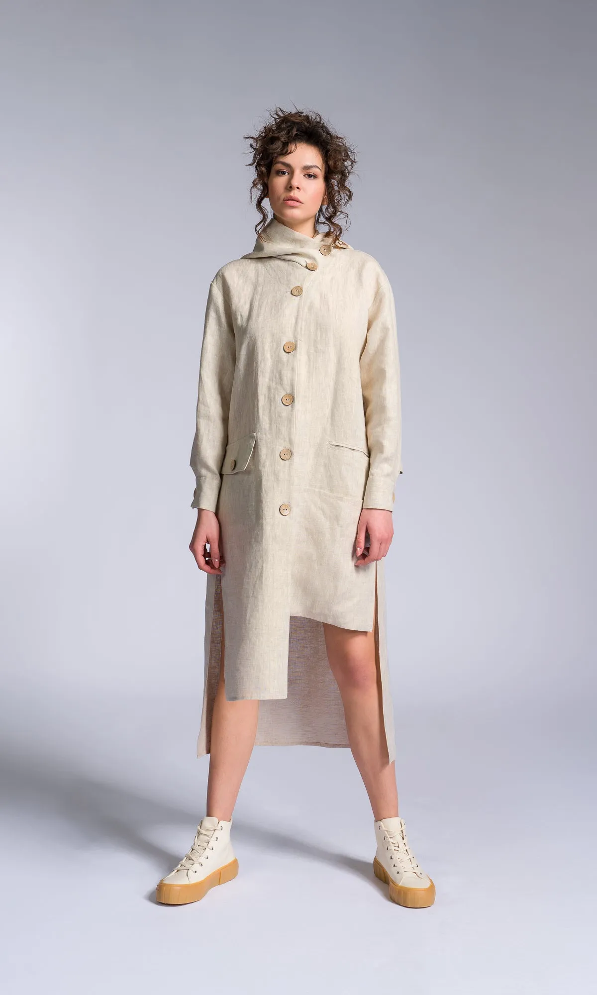 Hooded Shirt Dress with Asymmetric Hem