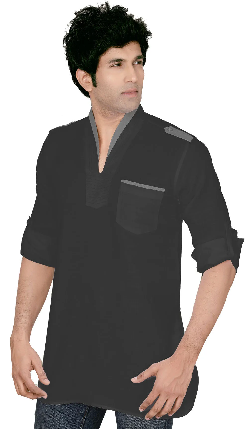 Indian Apparel Fashion Men's Short Kurta Linen Cotton (Black)