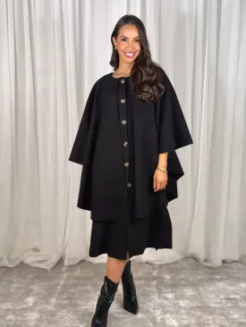 Indie Cape Overlay Coat In Black