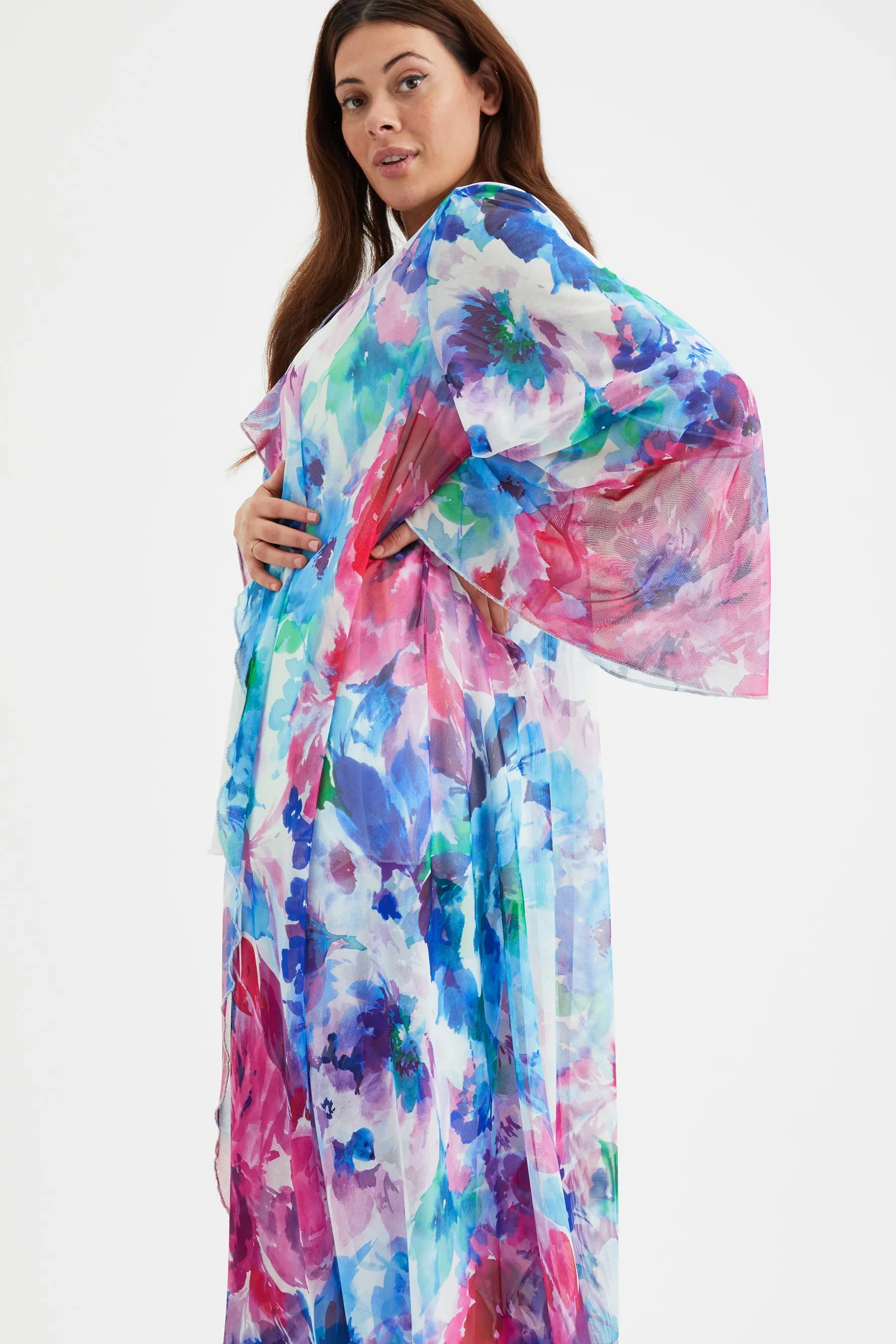 Ivory Pink Blue Waterfall Long Mesh Kimono