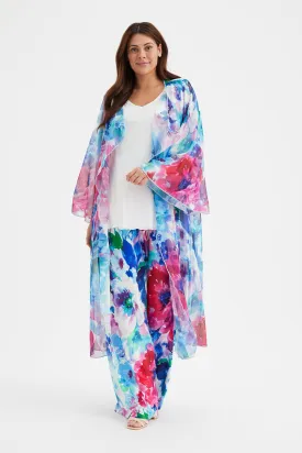 Ivory Pink Blue Waterfall Long Mesh Kimono