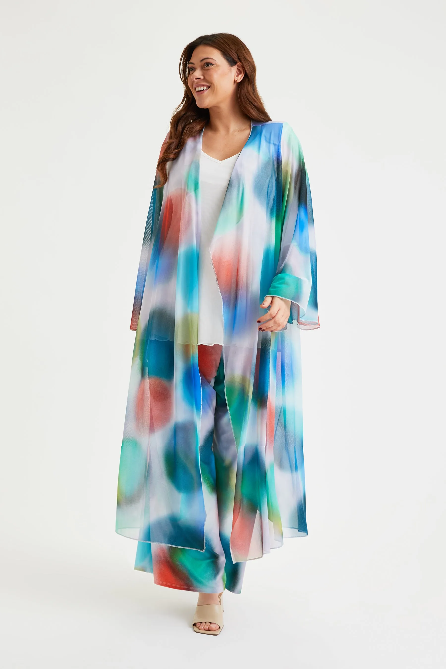 Ivory Summer Circles Waterfall Long Mesh Kimono