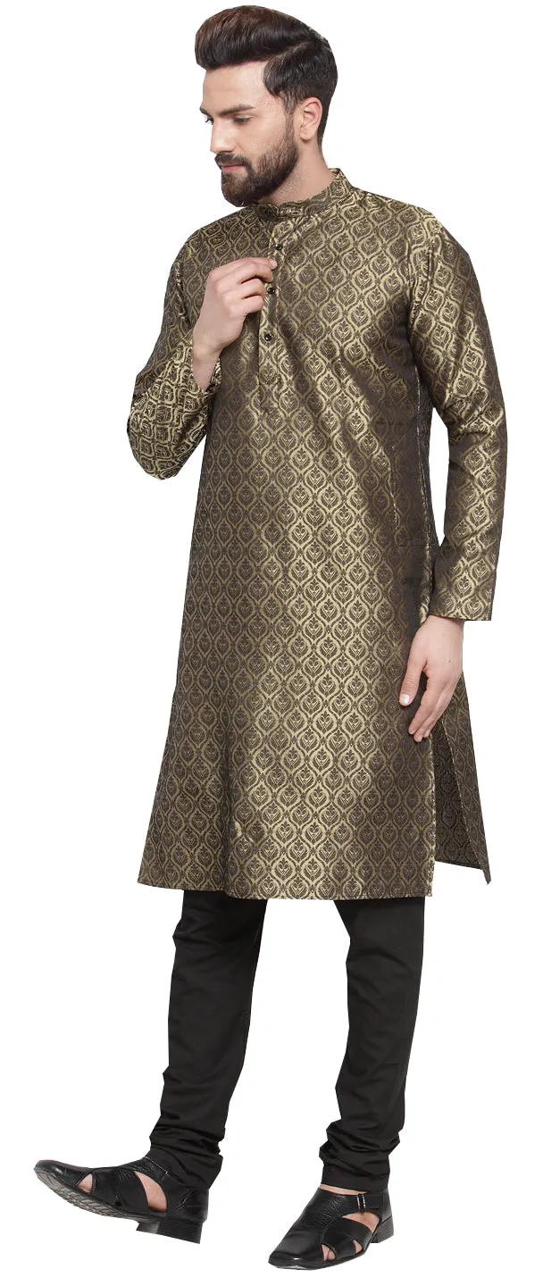 Jacquard Silk Men's Kurta Pyjama Evening Wear India Apparel (Golden)