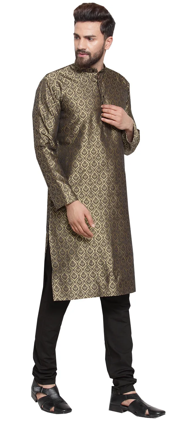 Jacquard Silk Men's Kurta Pyjama Evening Wear India Apparel (Golden)