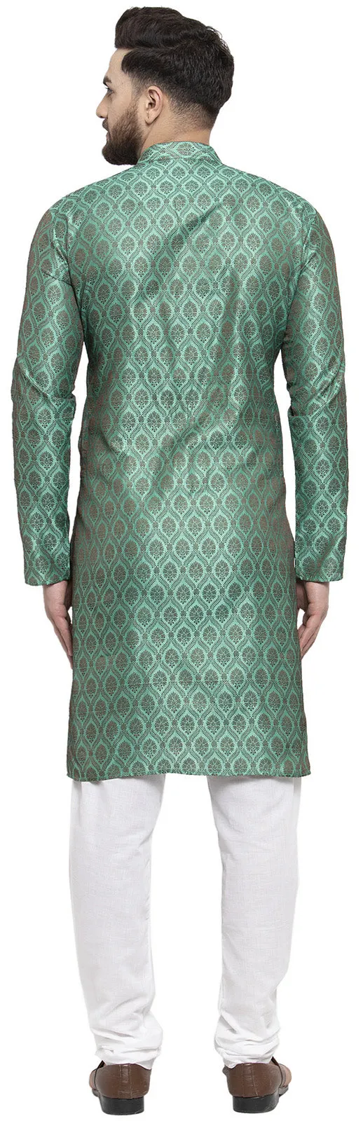 Jacquard Silk Men's Kurta Pyjama Party Wear India Apparel (Green)