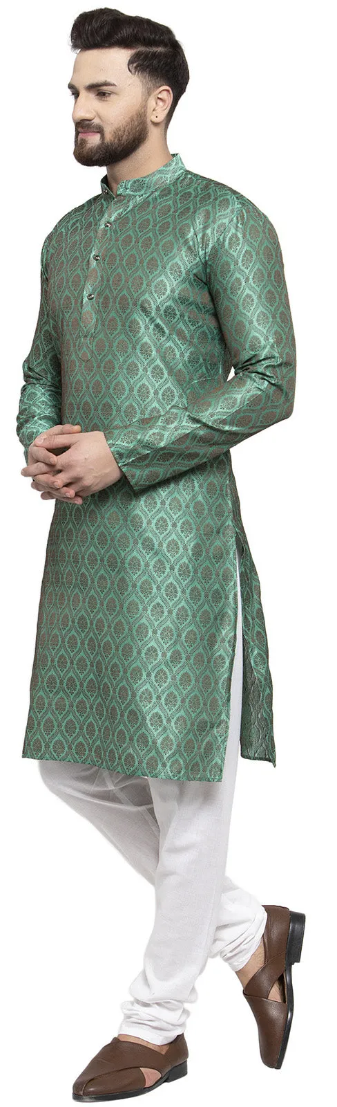 Jacquard Silk Men's Kurta Pyjama Party Wear India Apparel (Green)