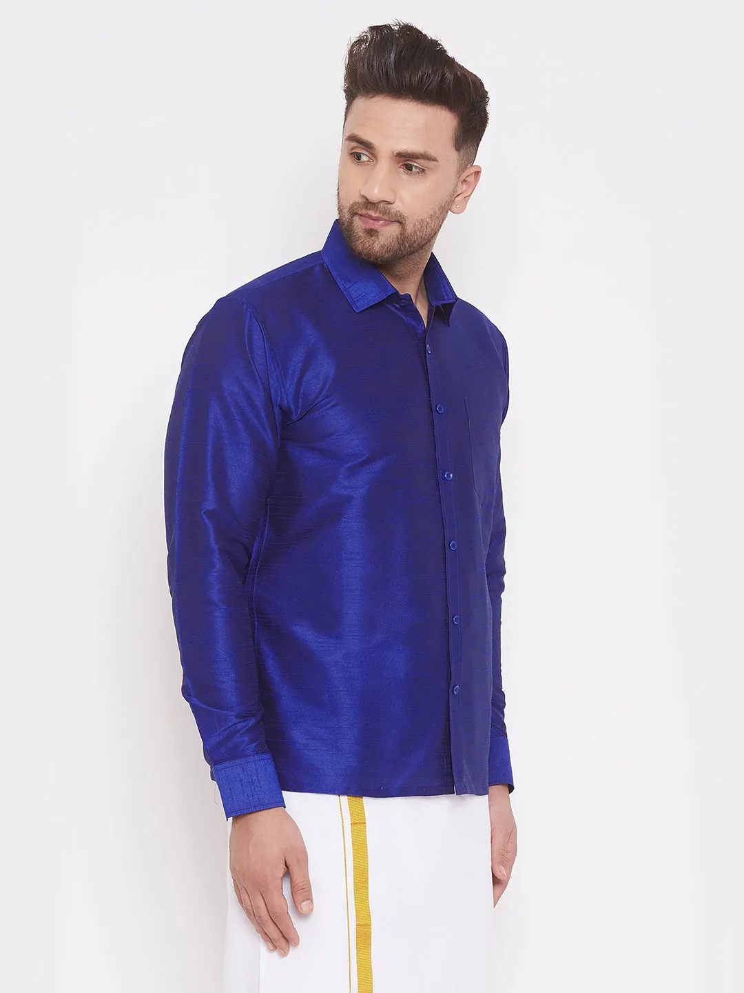 Jashvi Men's & Boys Blue Solid Silk Blend Full Sleeve Ethnic Shirt