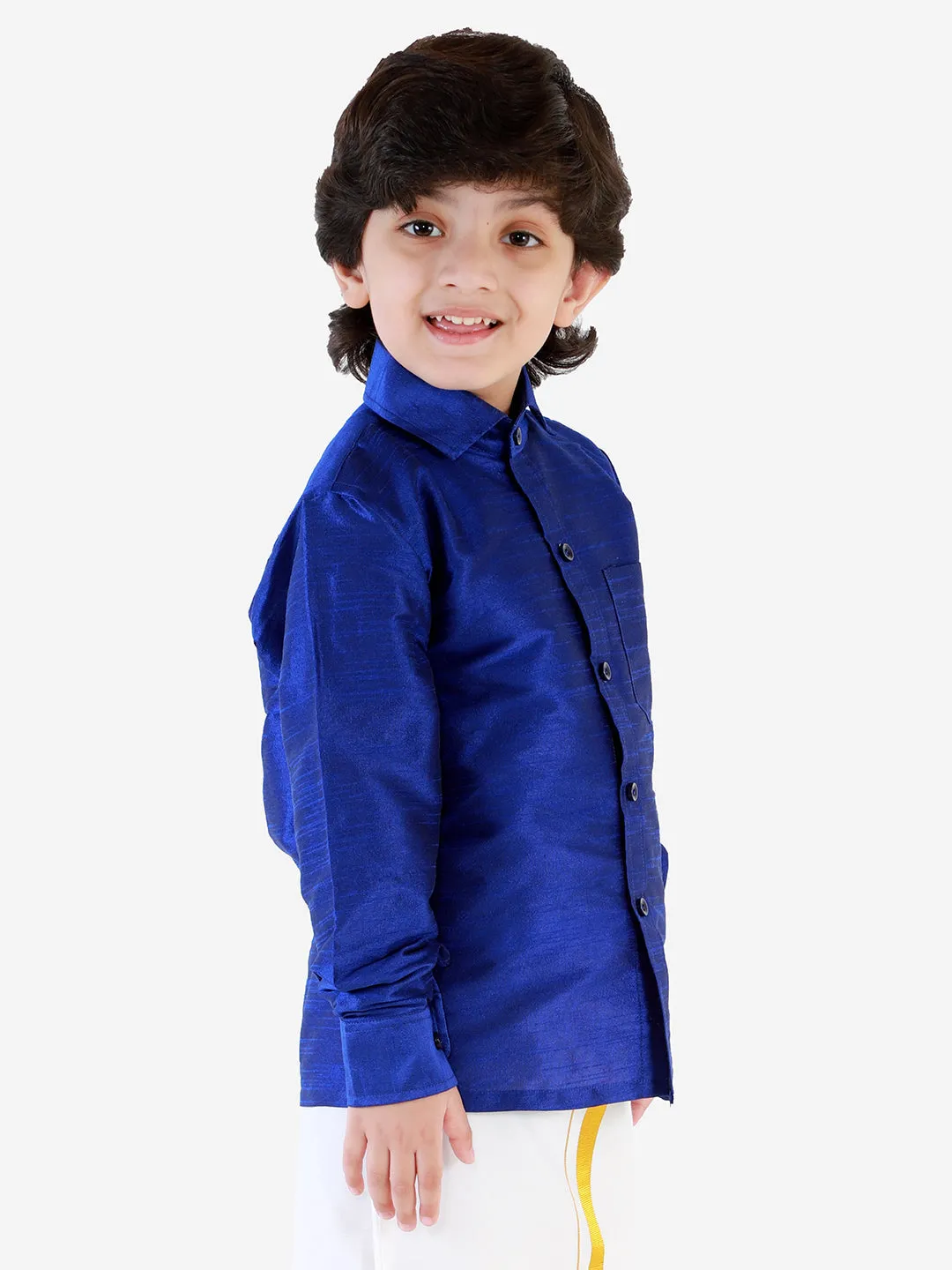 Jashvi Men's & Boys Blue Solid Silk Blend Full Sleeve Ethnic Shirt