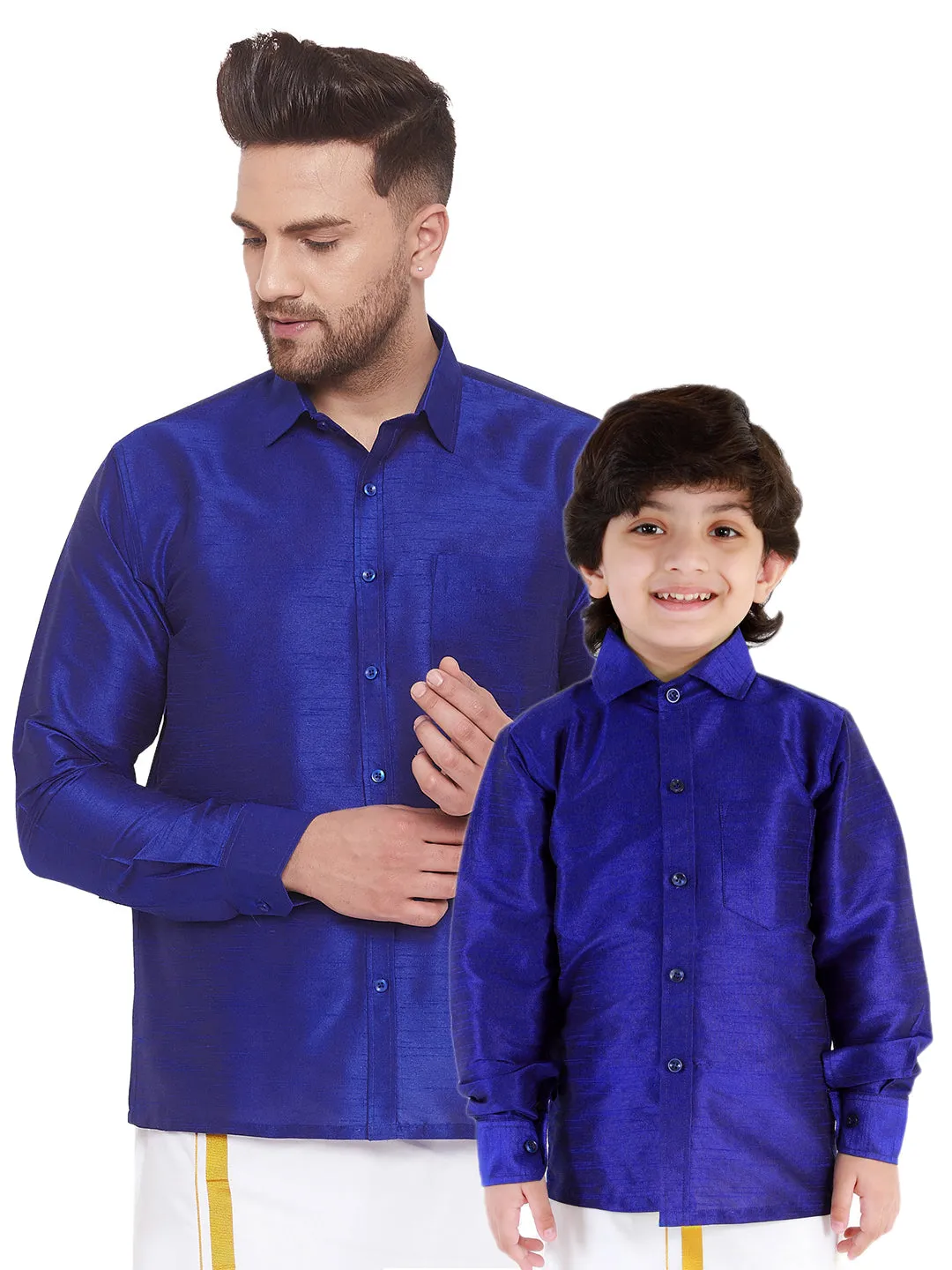 Jashvi Men's & Boys Blue Solid Silk Blend Full Sleeve Ethnic Shirt