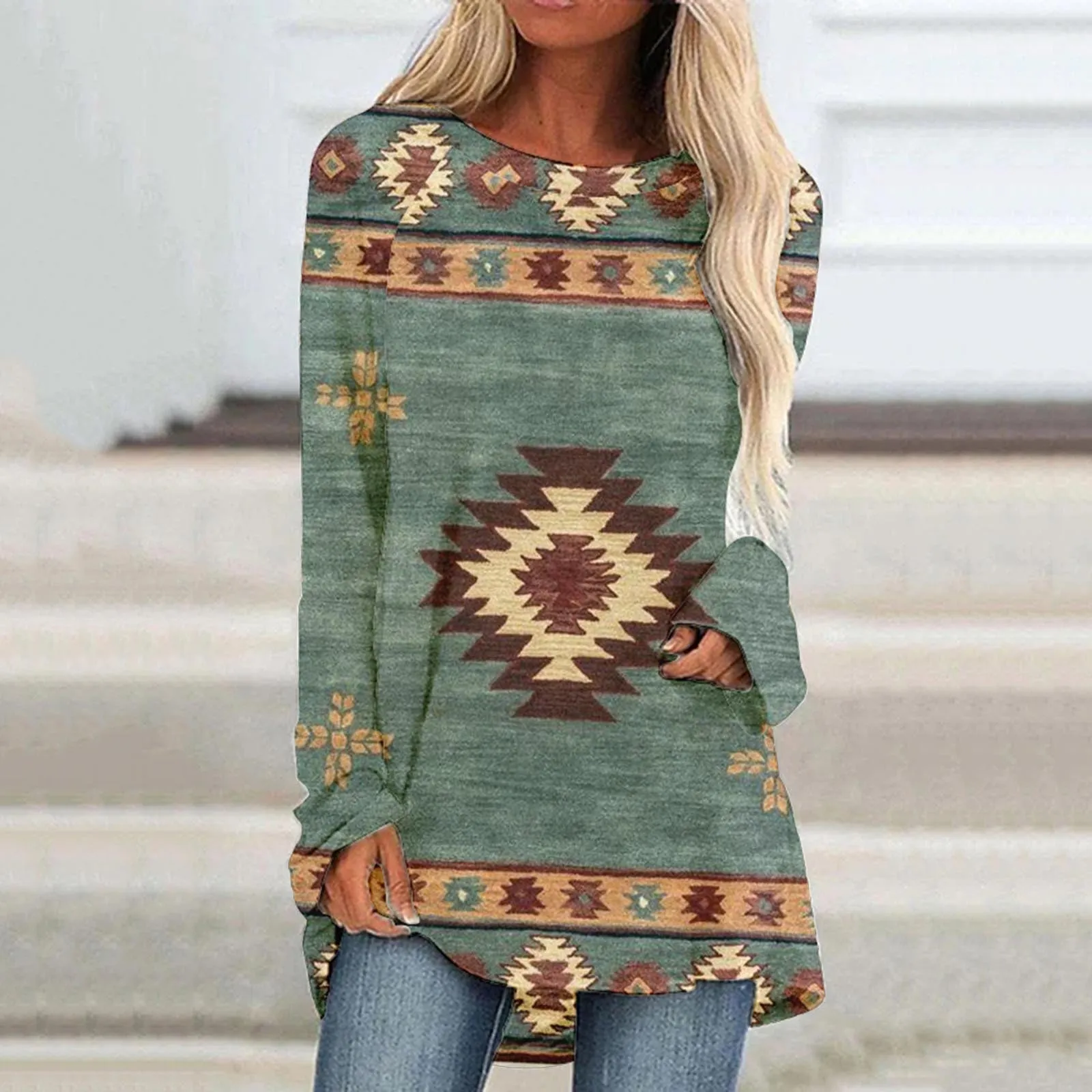 JuliaFashion - 2024 Women Casual Round Neck Shirt Long Sleeve Ethnic Print Blouse