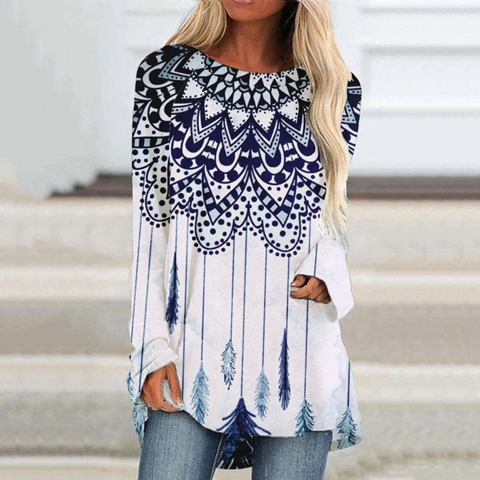 JuliaFashion - 2024 Women Casual Round Neck Shirt Long Sleeve Ethnic Print Blouse