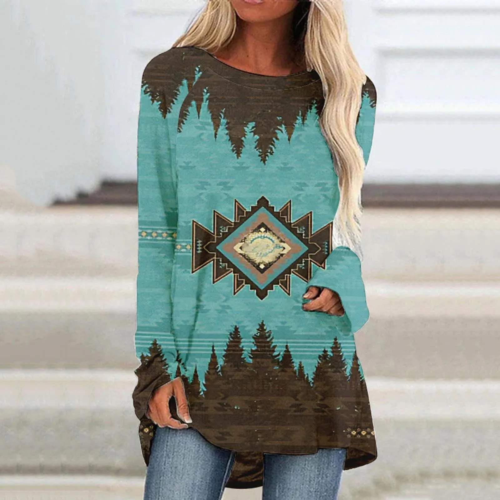 JuliaFashion - 2024 Women Casual Round Neck Shirt Long Sleeve Ethnic Print Blouse