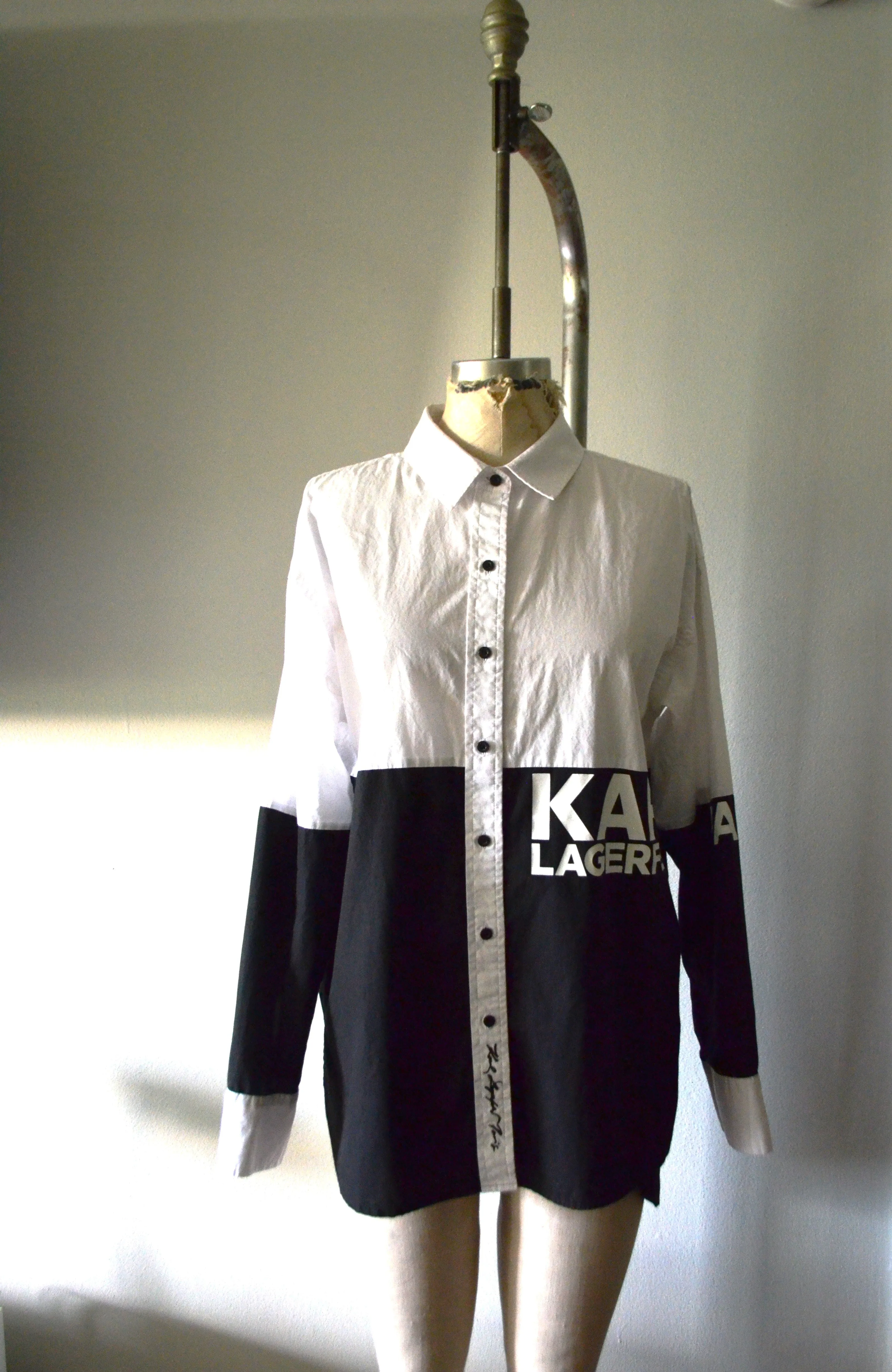 Karl Lagerfeld Black and White Colorblocking Paris Shirt Button Down Long Sleeve