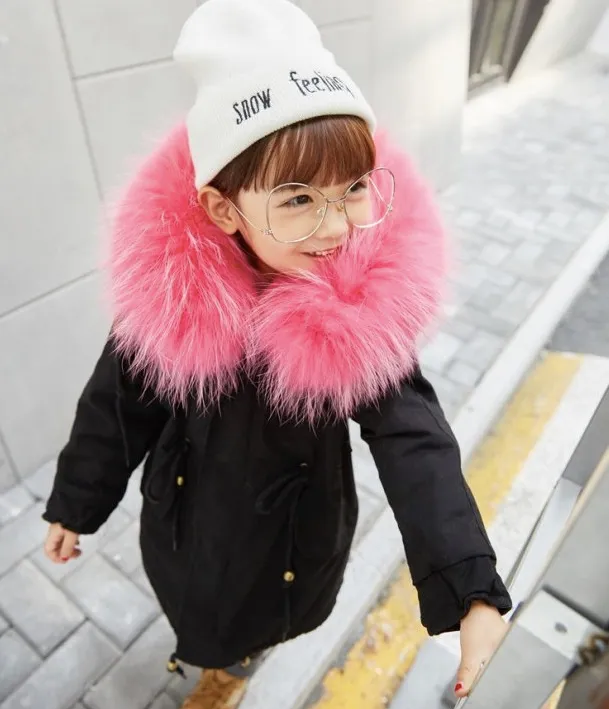 Kids Black Parka - Hot Pink Fur