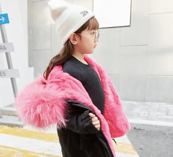 Kids Black Parka - Hot Pink Fur