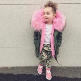 Kids Green Parka - Pink Fur