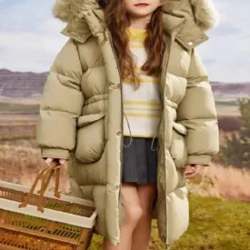 Kids Long Cotton Lined Faux Fur Hood Zip Puff Windbreaker Jacket