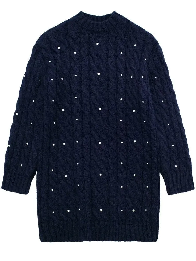 Knitted Long Sweater Women Navy Warm Woman Winter Sweater Rhinestone