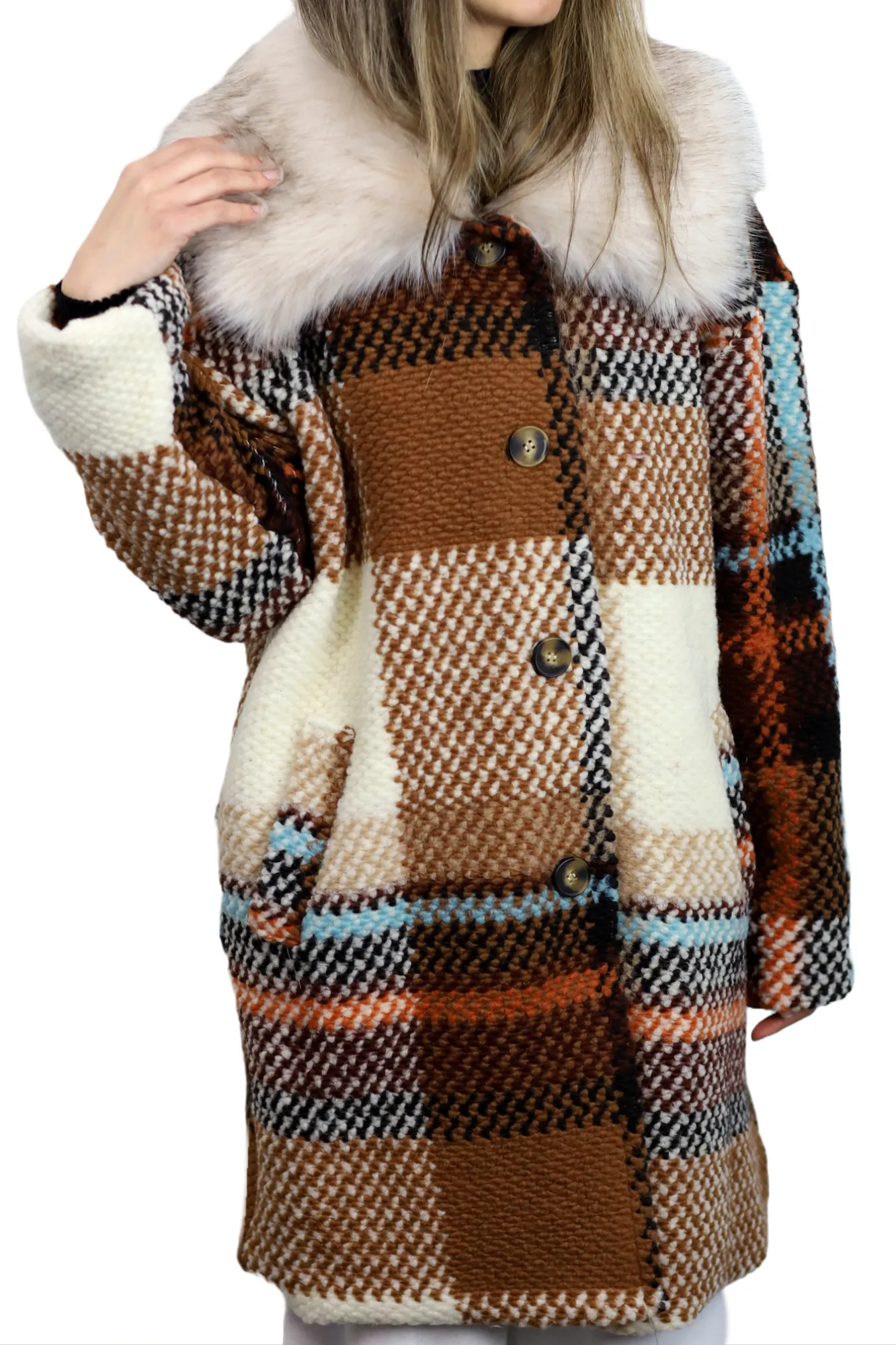 La Fiorentina Mid Length Plaid Wool Coat w/ Faux Fur Trim - Brown/Ivory