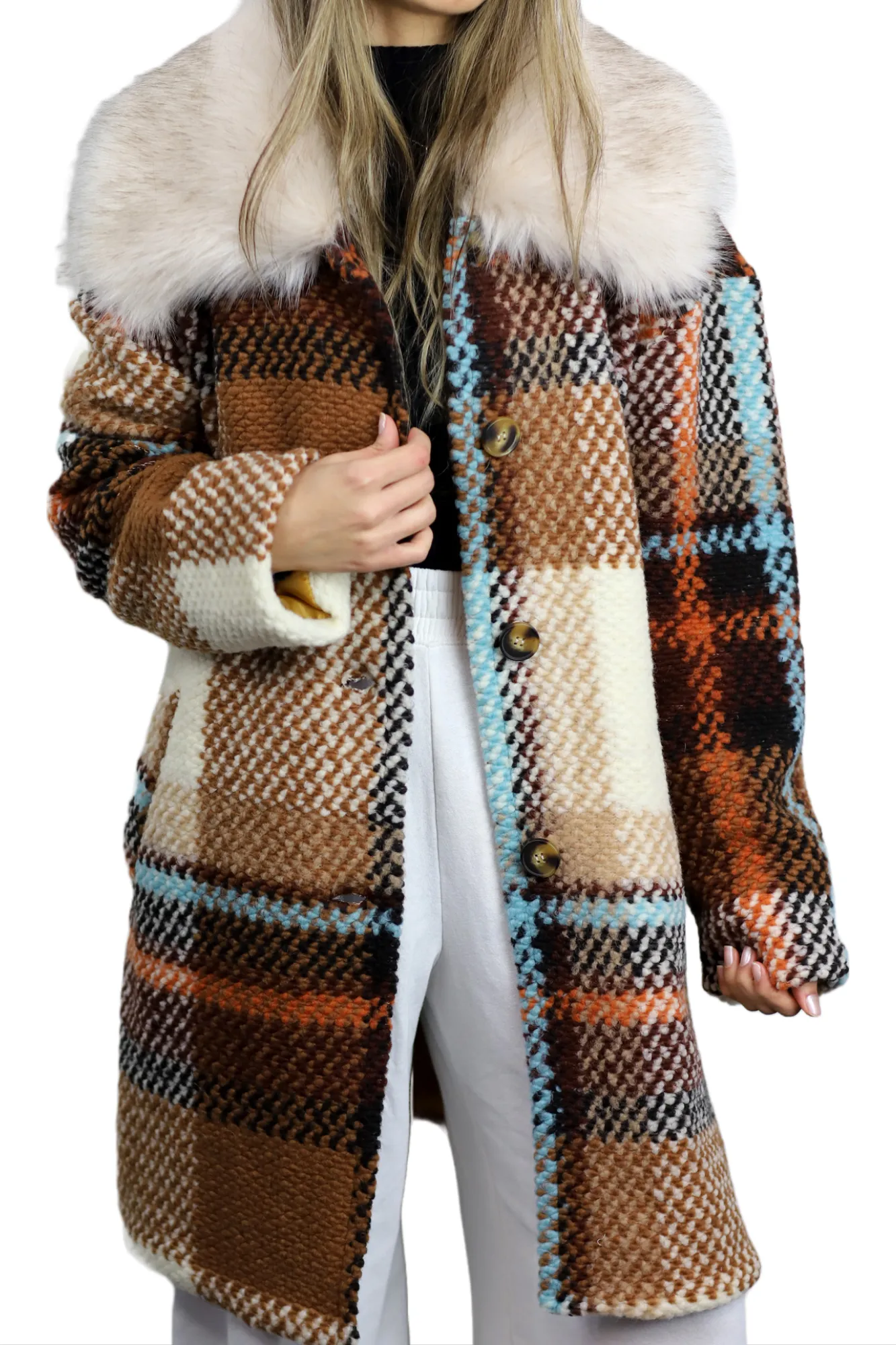 La Fiorentina Mid Length Plaid Wool Coat w/ Faux Fur Trim - Brown/Ivory