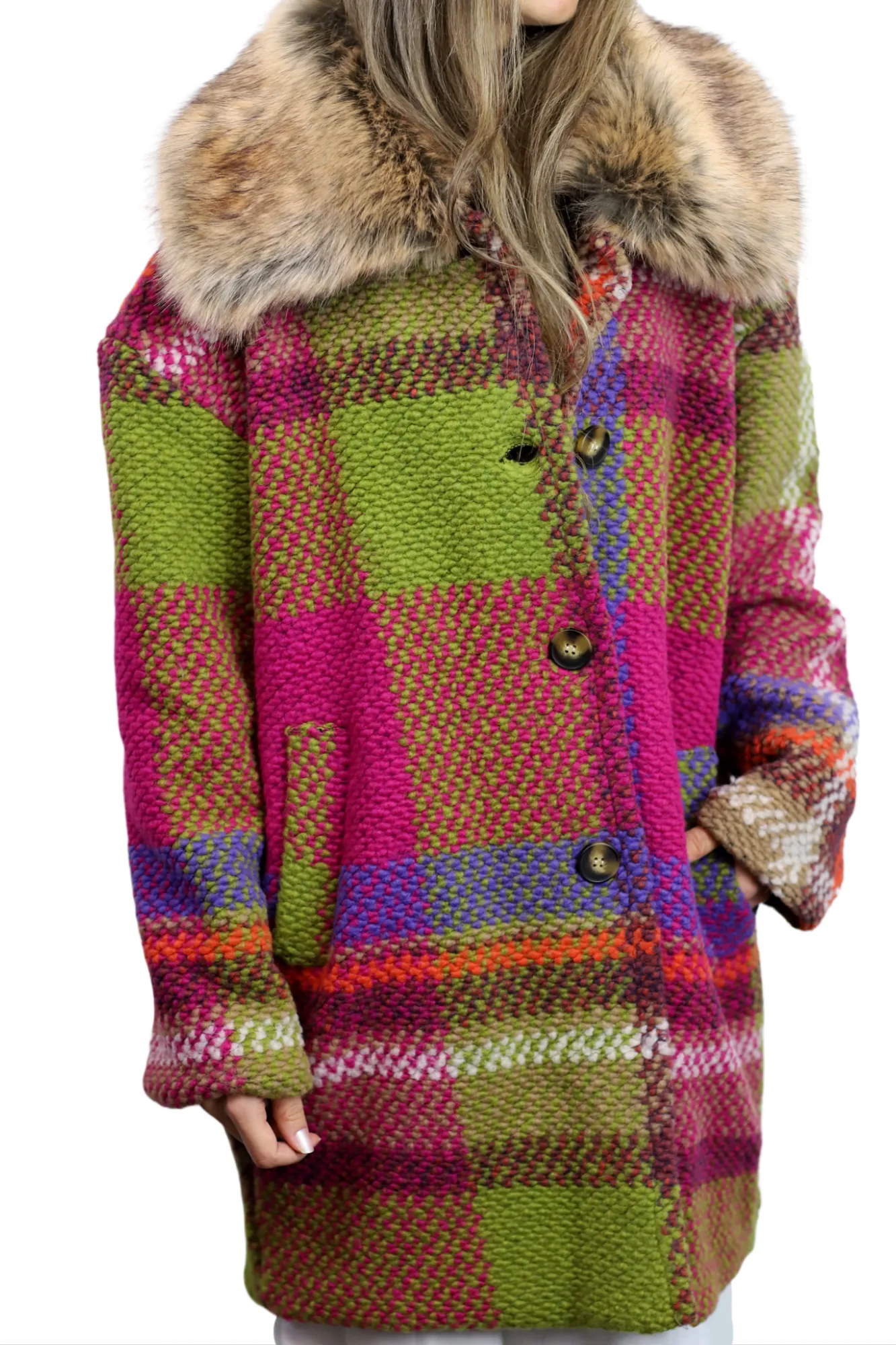 La Fiorentina Mid Length Plaid Wool Coat w/ Faux Fur Trim- Fuchsia/Camel