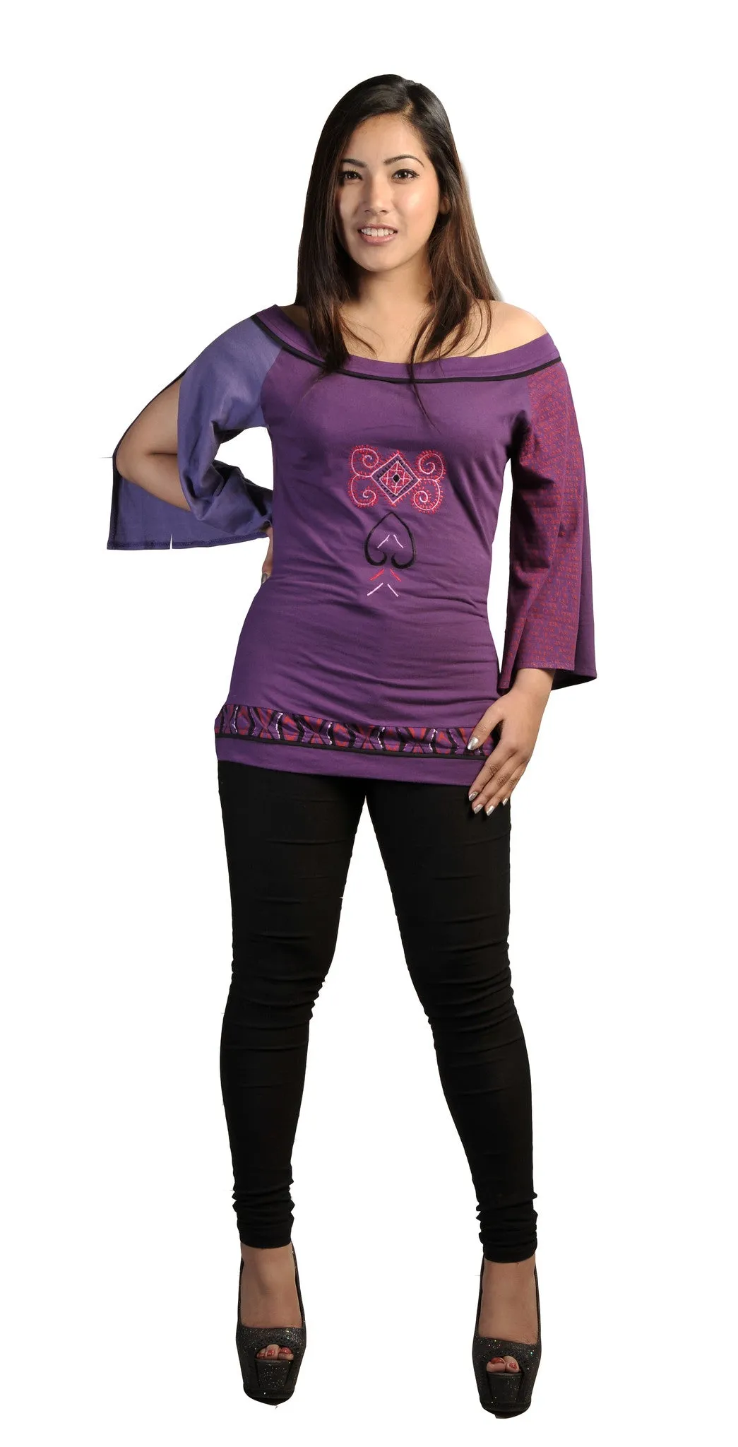 Ladies Cotton 3/4 sleeved Tops T-shirt with embroidery-Purple shades- TRT440