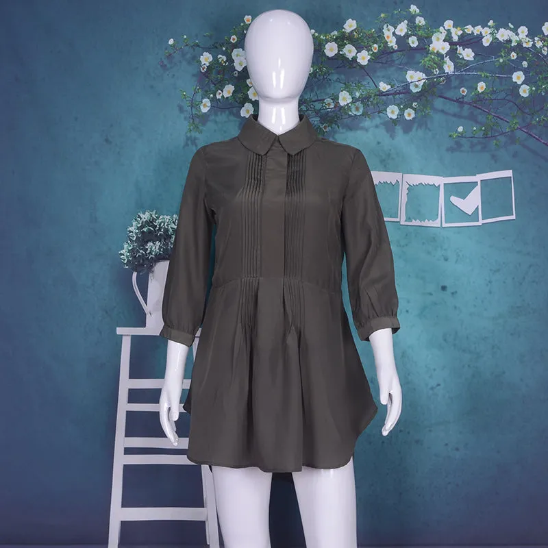 Long Sleeve Shirt Dress Ladies High End Fine Fiber Soft Casual Dress Pleated Long Shirt