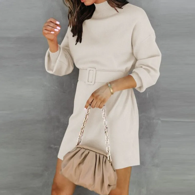 Long Sleeve Turtleneck Sweater Mini Dress With Belt