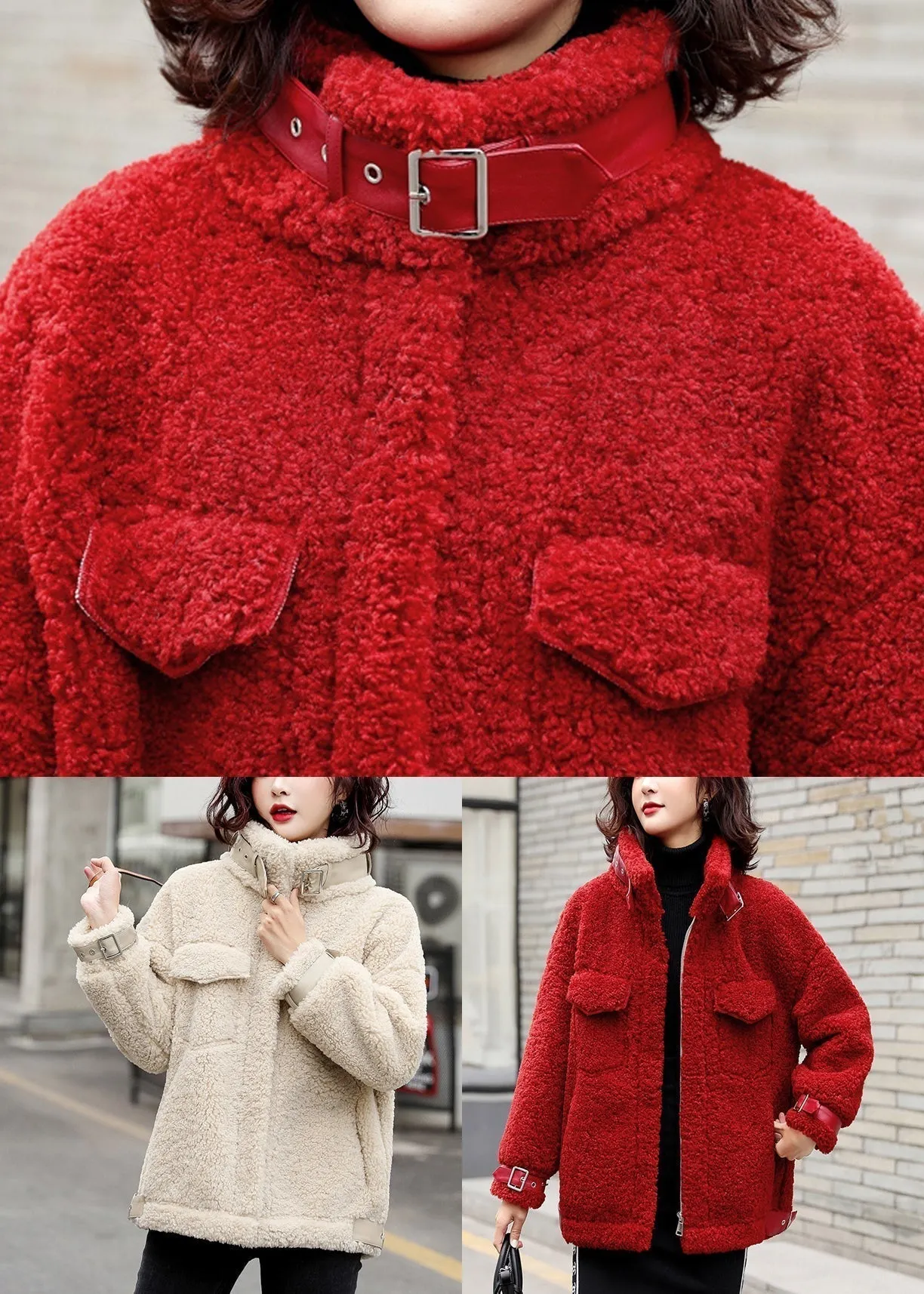 Loose Red Zippered Solid Patchwork Teddy Faux Fur Coat Winter RY001