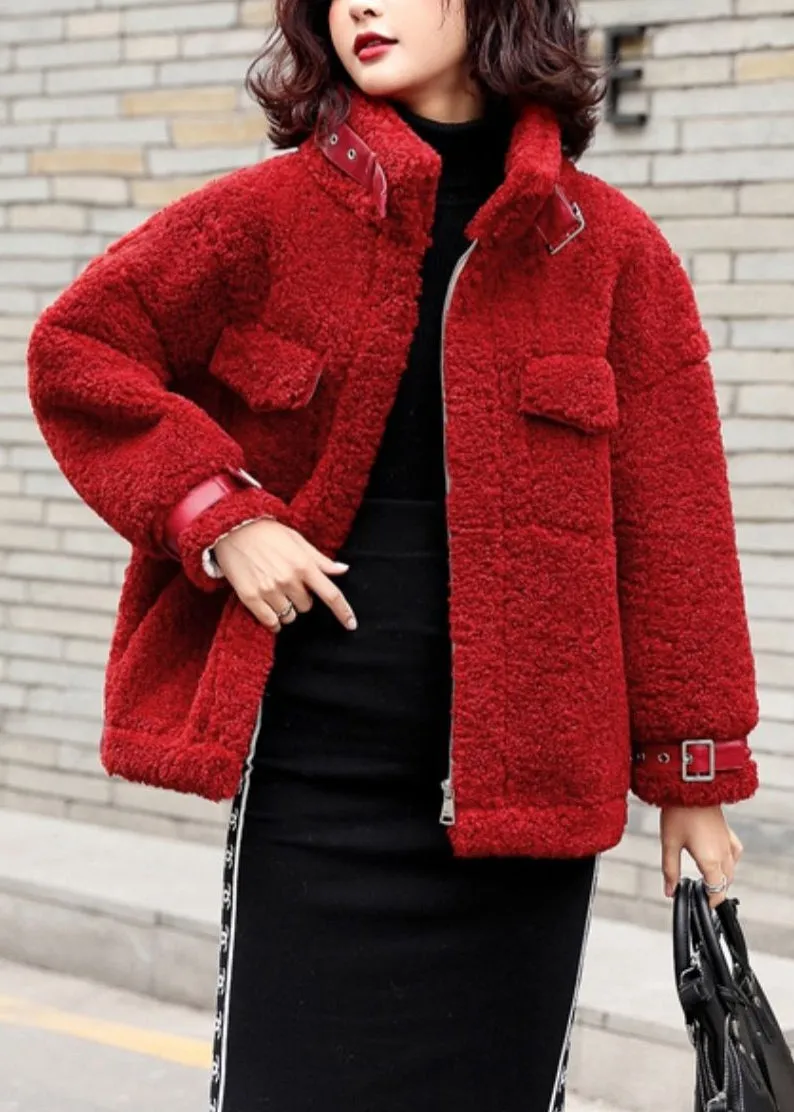 Loose Red Zippered Solid Patchwork Teddy Faux Fur Coat Winter RY001