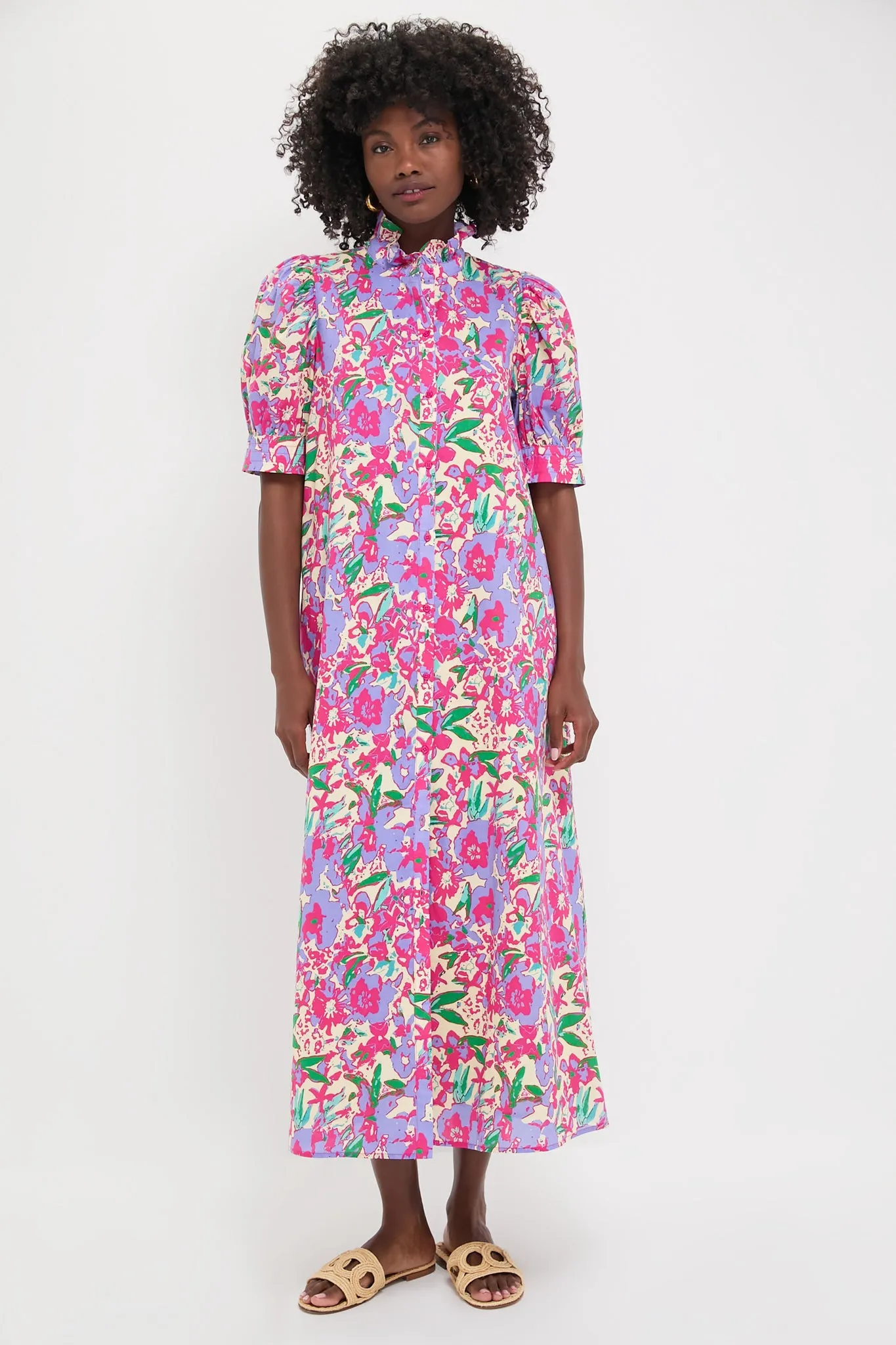 Magenta Multi Floral Ruffle Collar Louisa Maxi Dress