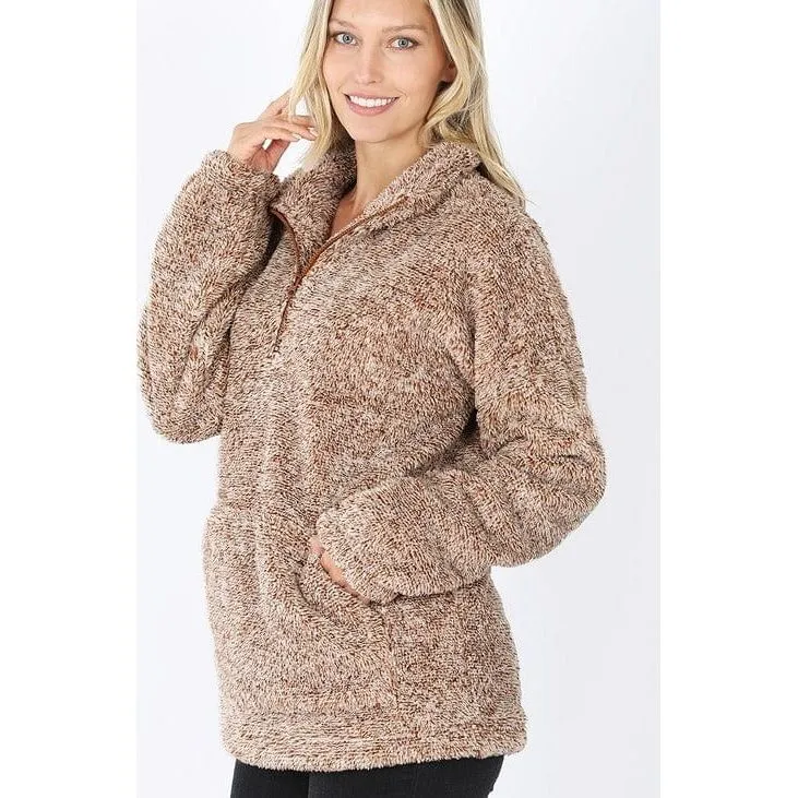 MELANGE FAUX FUR HALF ZIP POCKET PULLOVER