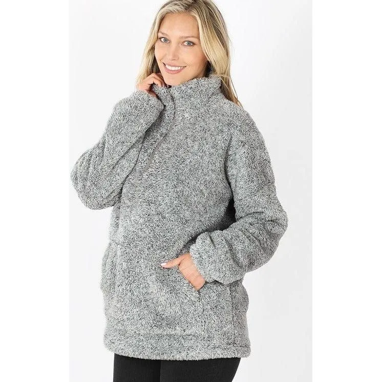 MELANGE FAUX FUR HALF ZIP POCKET PULLOVER