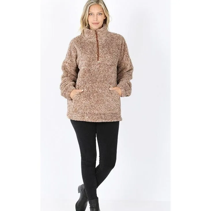 MELANGE FAUX FUR HALF ZIP POCKET PULLOVER