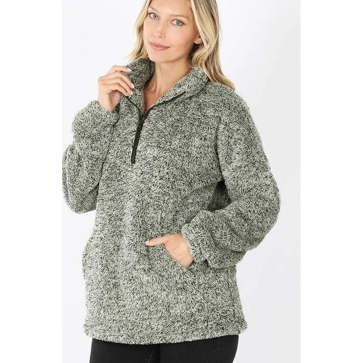 MELANGE FAUX FUR HALF ZIP POCKET PULLOVER