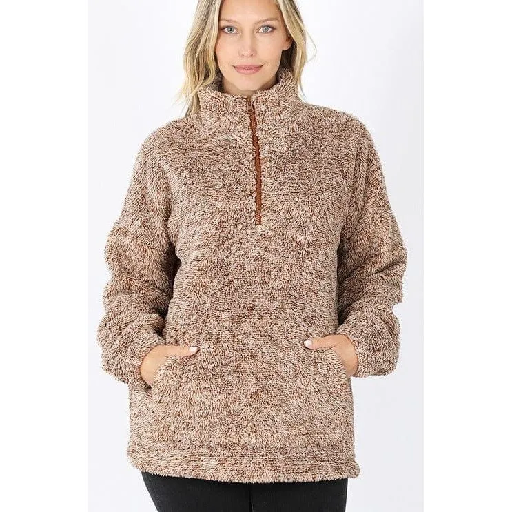 MELANGE FAUX FUR HALF ZIP POCKET PULLOVER