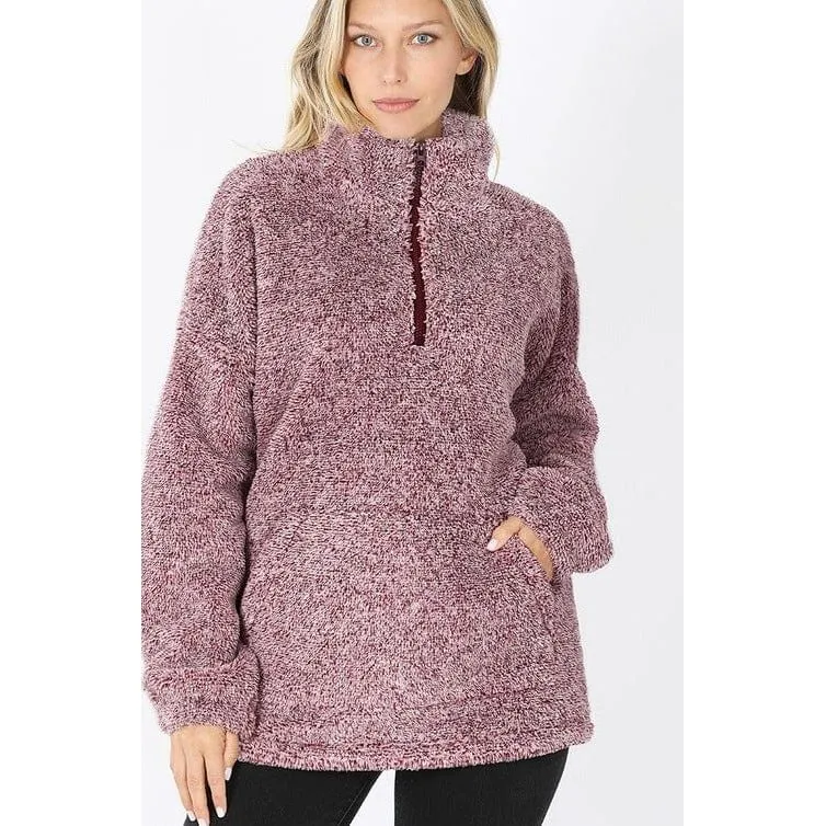 MELANGE FAUX FUR HALF ZIP POCKET PULLOVER