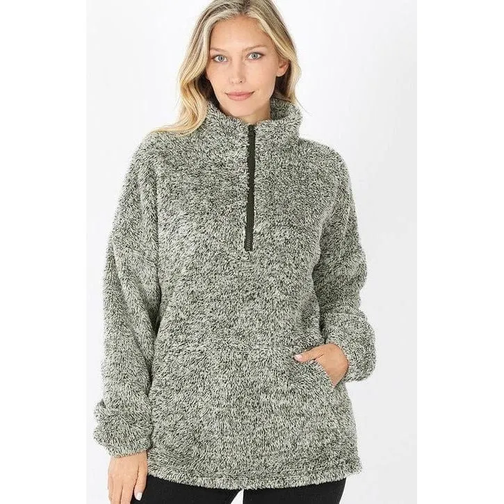 MELANGE FAUX FUR HALF ZIP POCKET PULLOVER