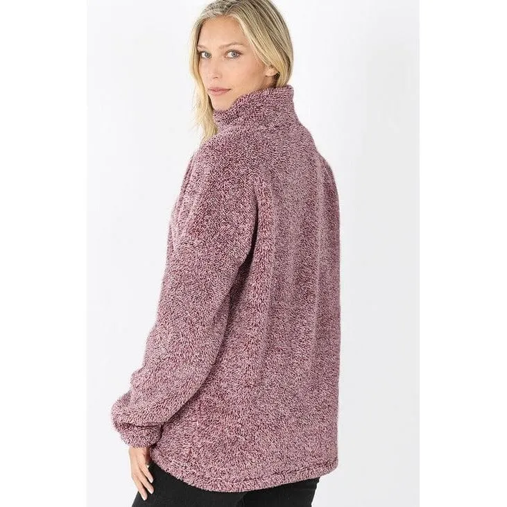 MELANGE FAUX FUR HALF ZIP POCKET PULLOVER