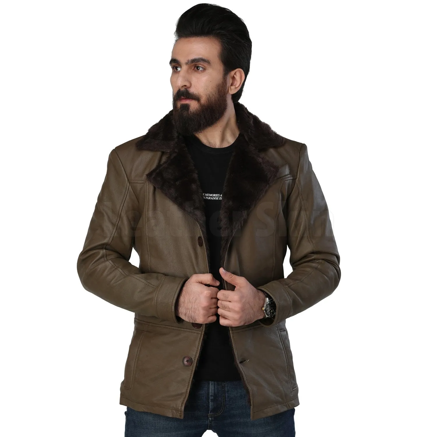 Men’s Army Green Leather Coat