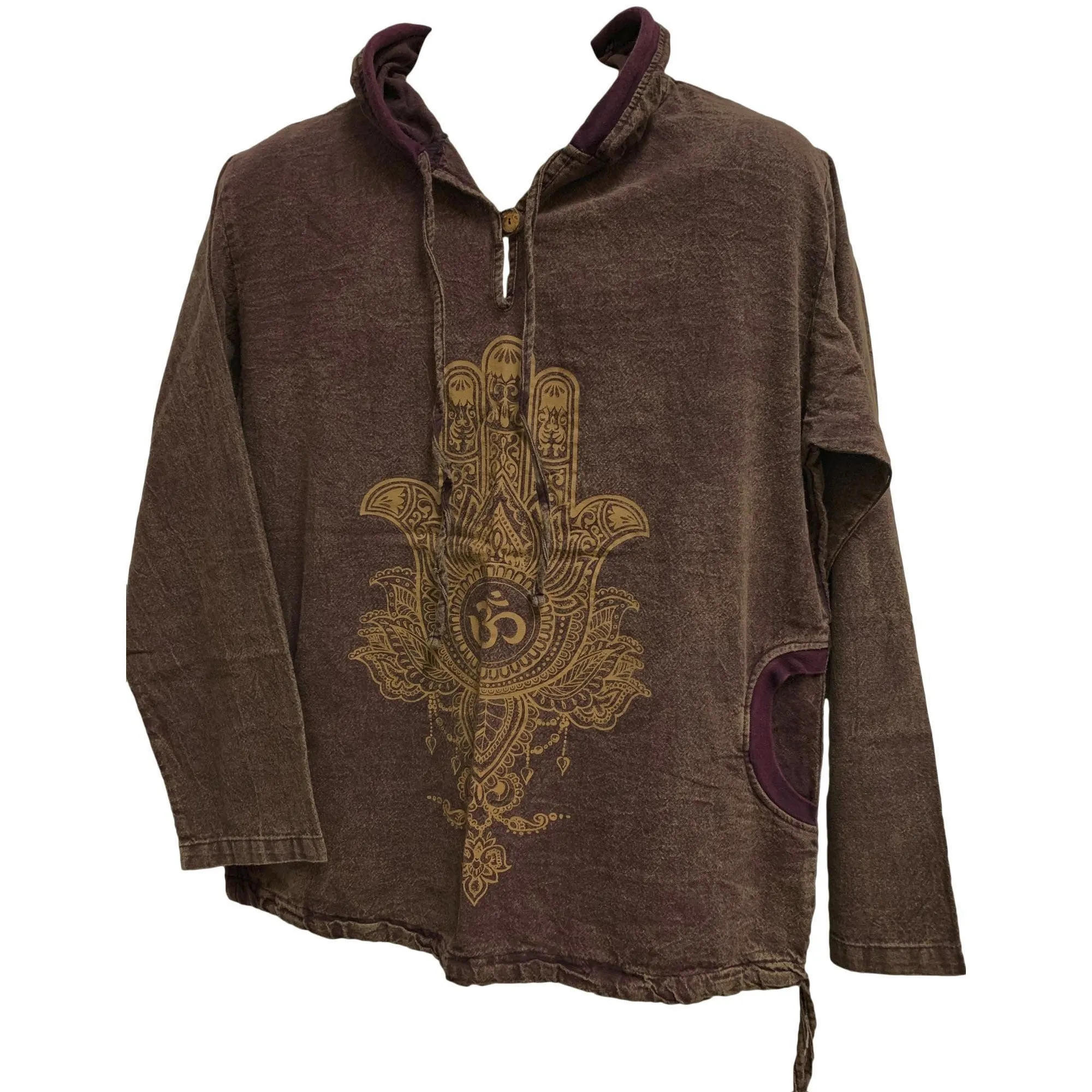 Men's Brown Vintage Cotton Boho Unisex Om Humsa Pullover Hoodie Shirt