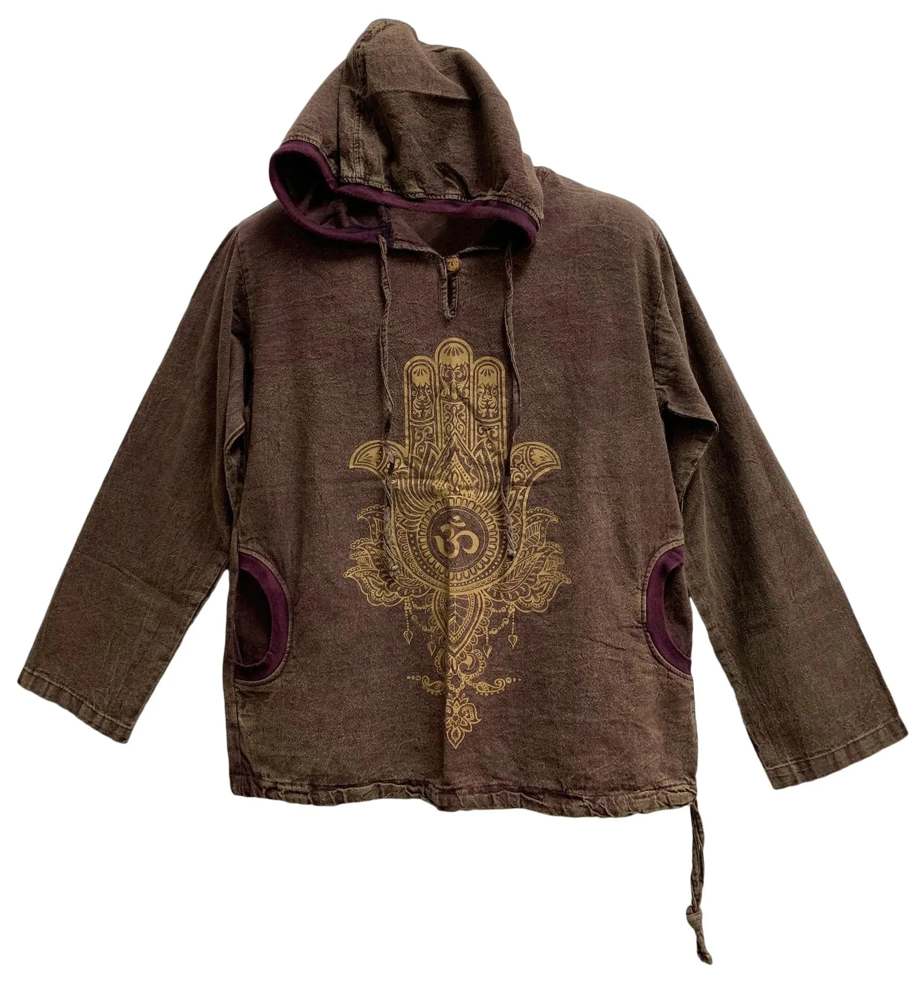 Men's Brown Vintage Cotton Boho Unisex Om Humsa Pullover Hoodie Shirt