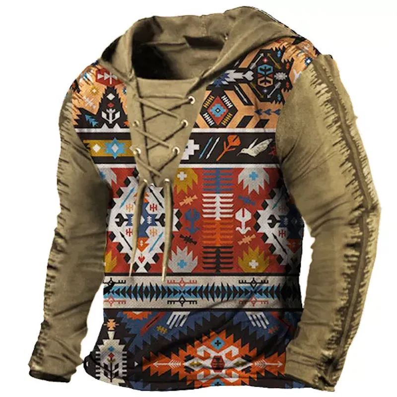 Men's Ethnic Print Drawstring Hooded T-Shirt