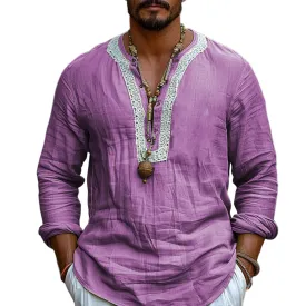 Men's Ethnic Style V Neck Long Sleeve Cotton And Linen Loose Shirt 41554987Z