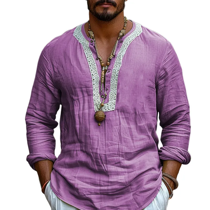 Men's Ethnic Style V Neck Long Sleeve Cotton And Linen Loose Shirt 41554987Z