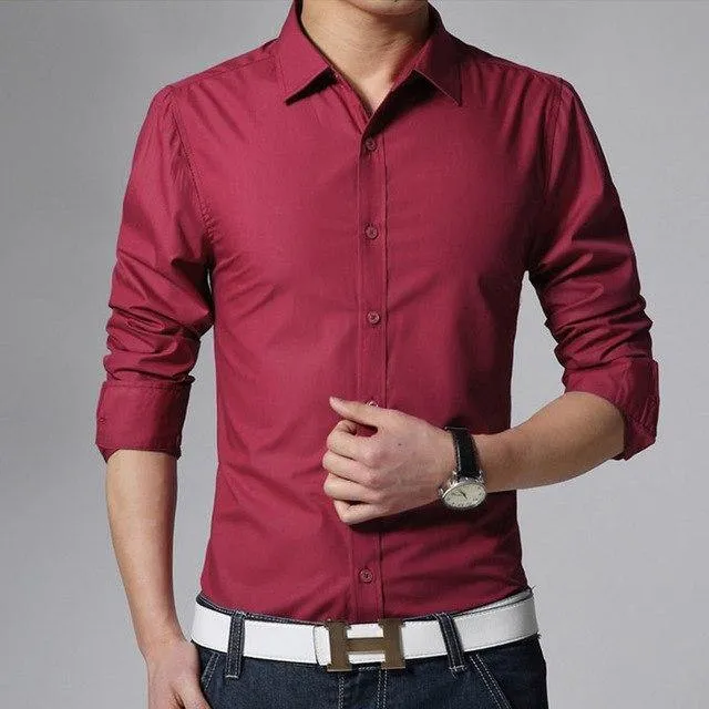 Men's Long Sleeve Slim Fit Plain Dress Shirt