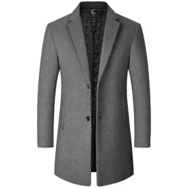 Men's Long Wool Trench Coat - Solid Color Business Casual Windbreaker for Autumn & Winter