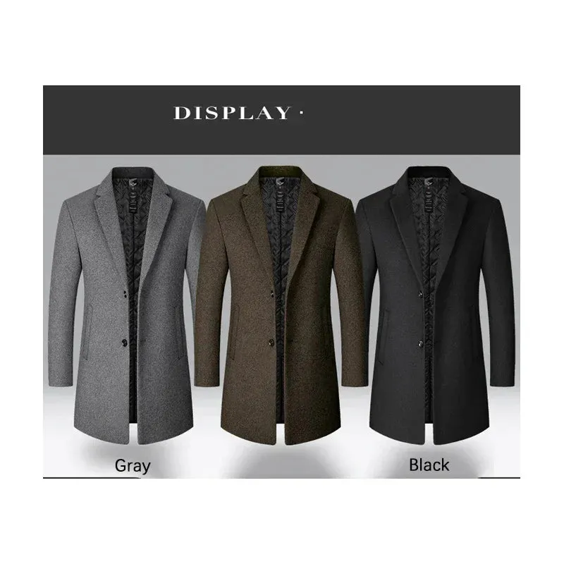 Men's Long Wool Trench Coat - Solid Color Business Casual Windbreaker for Autumn & Winter