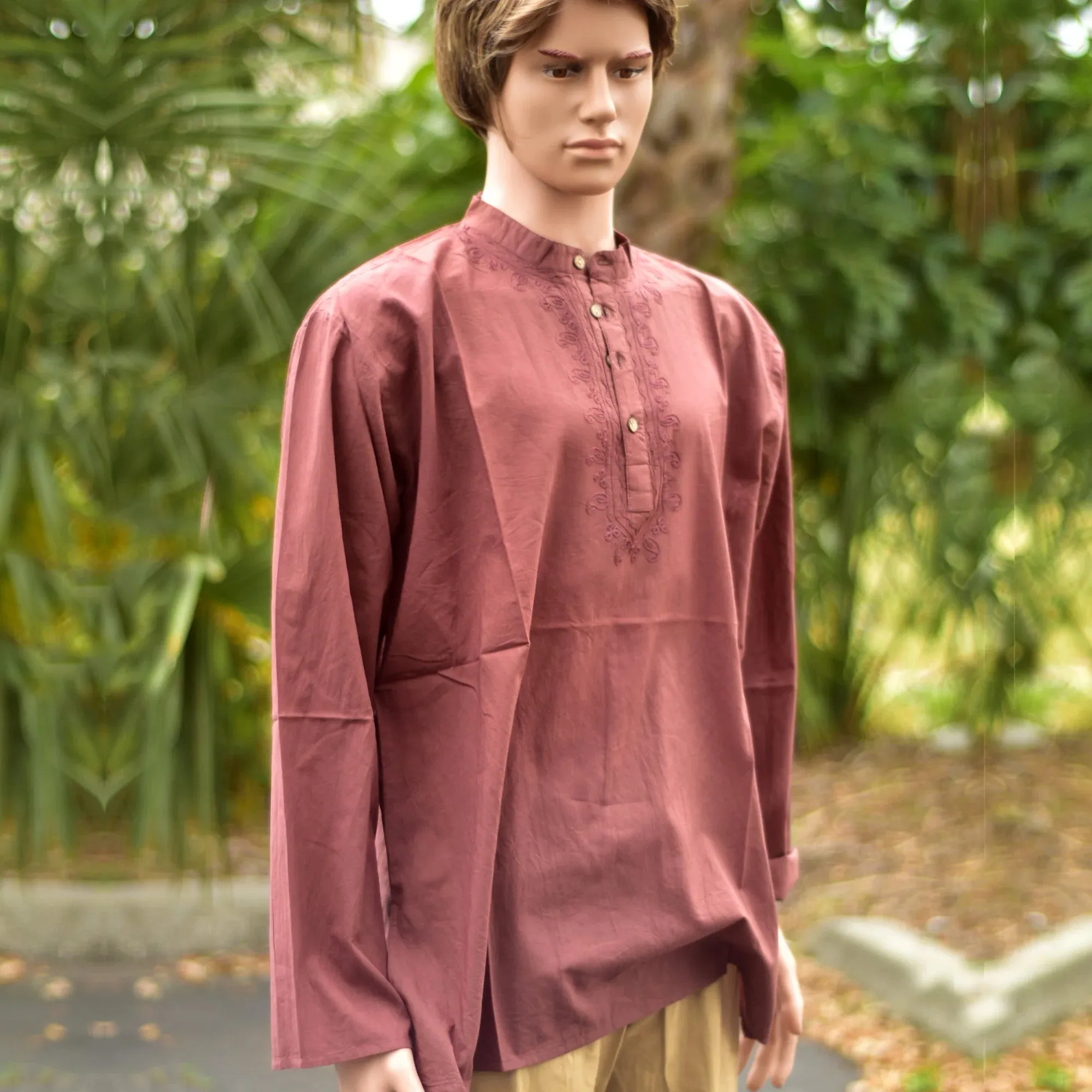 Men's Mandarin Collar Gauze Cotton Embroidered Kurta Boho Shirt Long Sleeve Shirt Loose fit Yoga Shirt