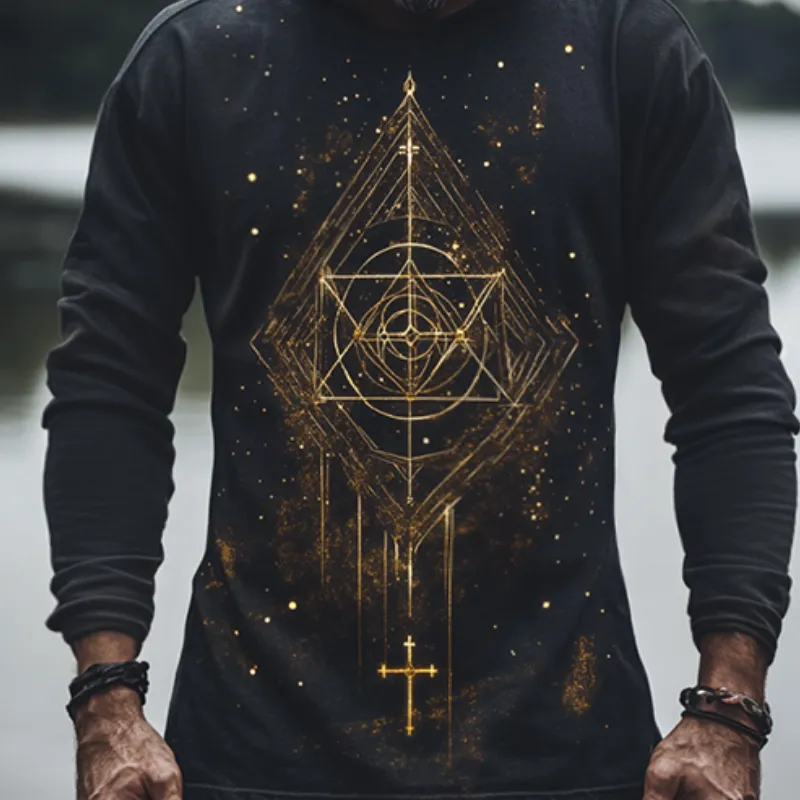 Men's Retro Casual Ethnic Style Geometric Printed Hooded Long Sleeve T-Shirt 75428144TO